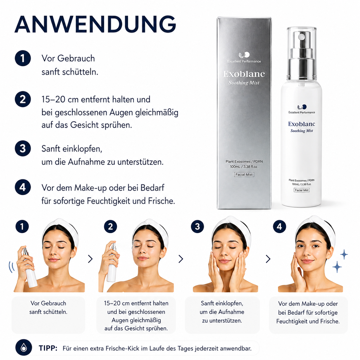 Anwendung des Exoblanc Soothing Mist Schritt für Schritt