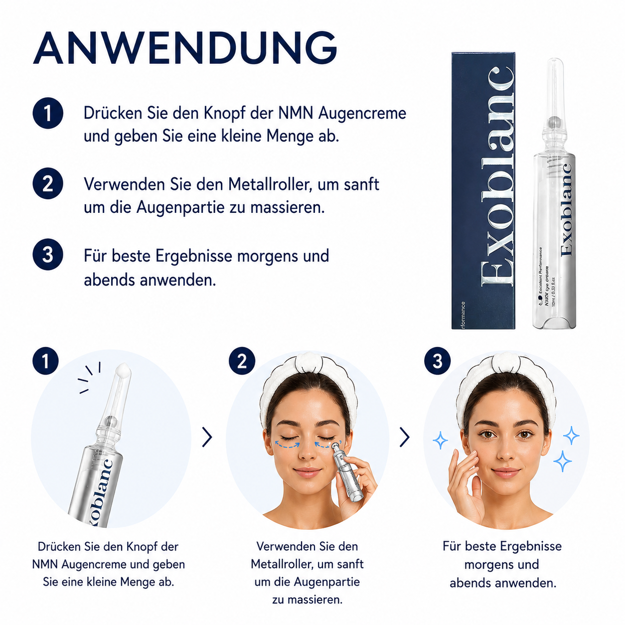 Anwendung der Exoblanc NMN Augencreme Schritt für Schritt