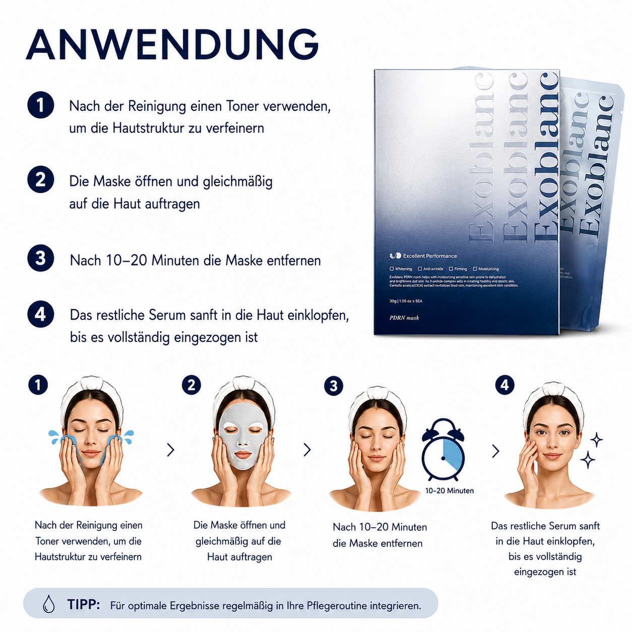 Anwendung der Exoblanc PDRN Maske Schritt für Schritt